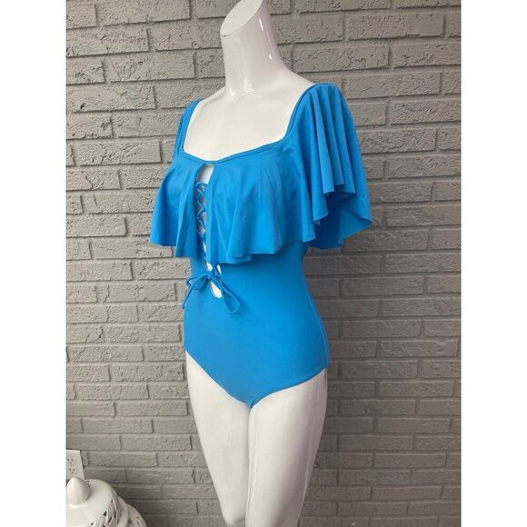 Tempt Me Women Blue Lace Up Ruffled Off Shoulder Flounce One Piece Swimsuit Size - Picture 3 of 10